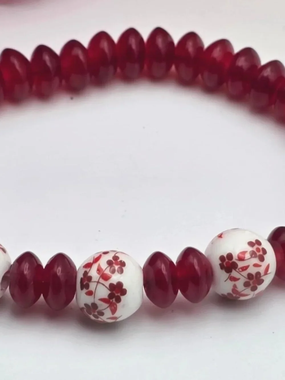 Red Glass Floral Bead Elephant Charm Stretch Bracelet 6.5 In Boho 10mm